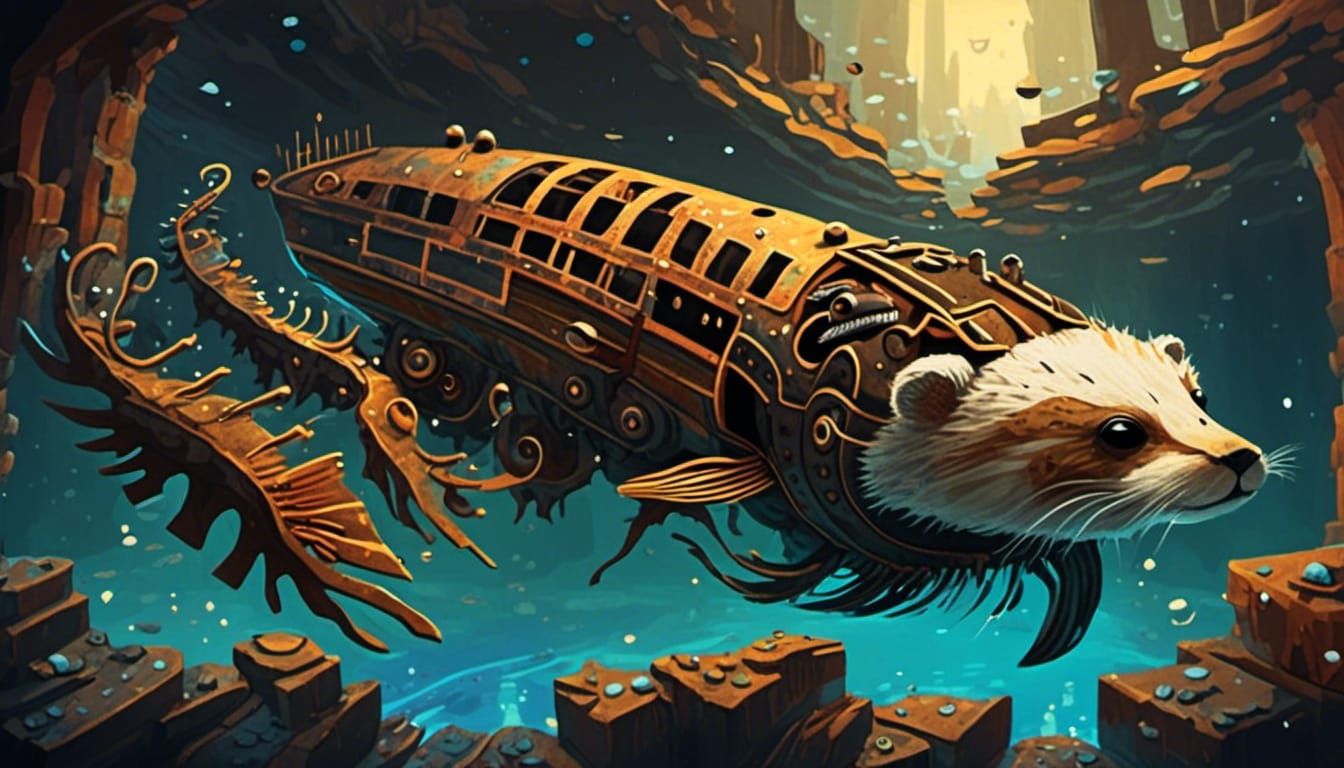 Hybrid Creature Swims Sunken Ship: Low-Poly 3D Art