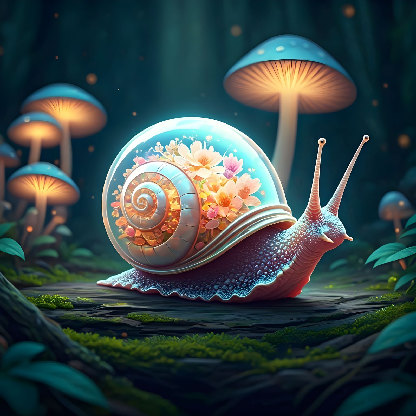 Iridescent Snail with Crystal Shell in Mystical Forest
