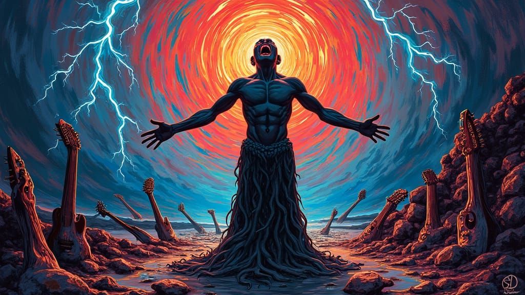 Psychedelic Rock Scream in Neon Swirls and Lightning Bolts