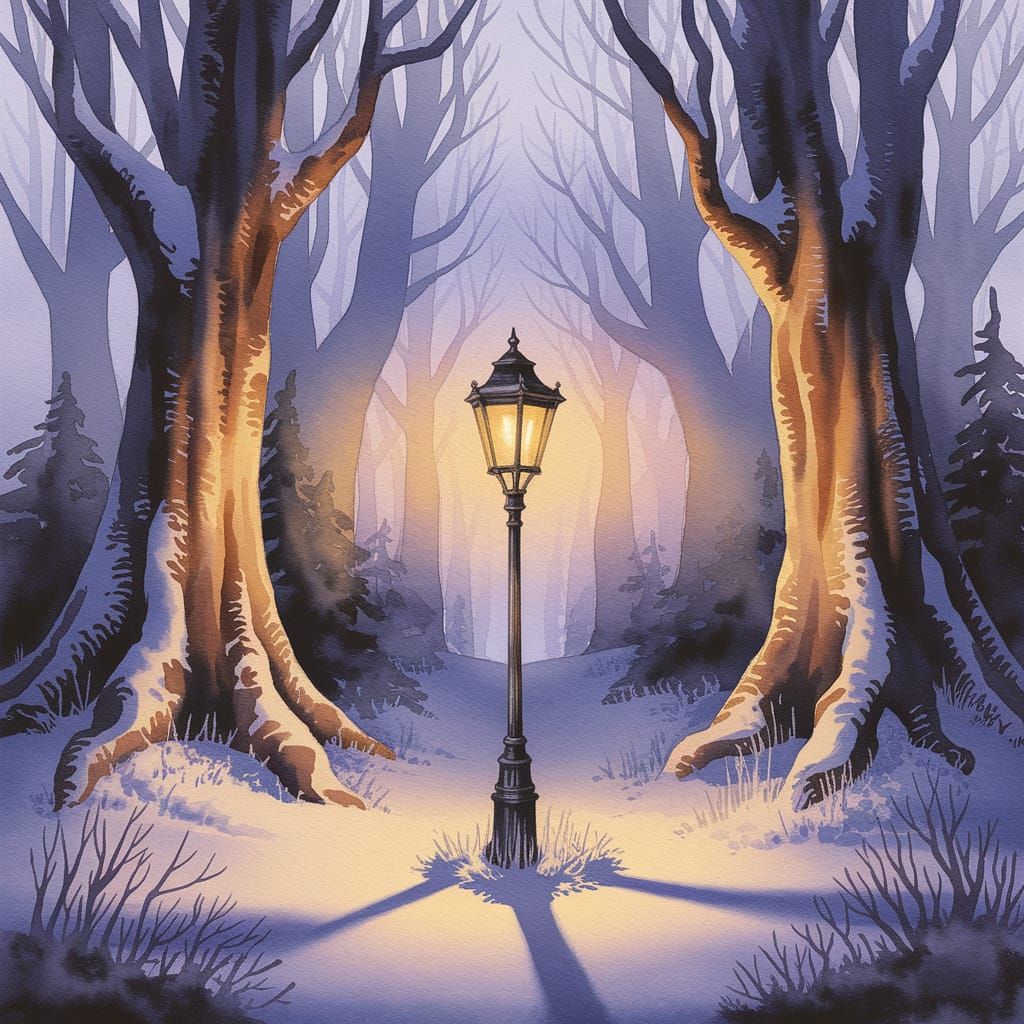 Mystical Forest Streetlamp in Whimsical Watercolor