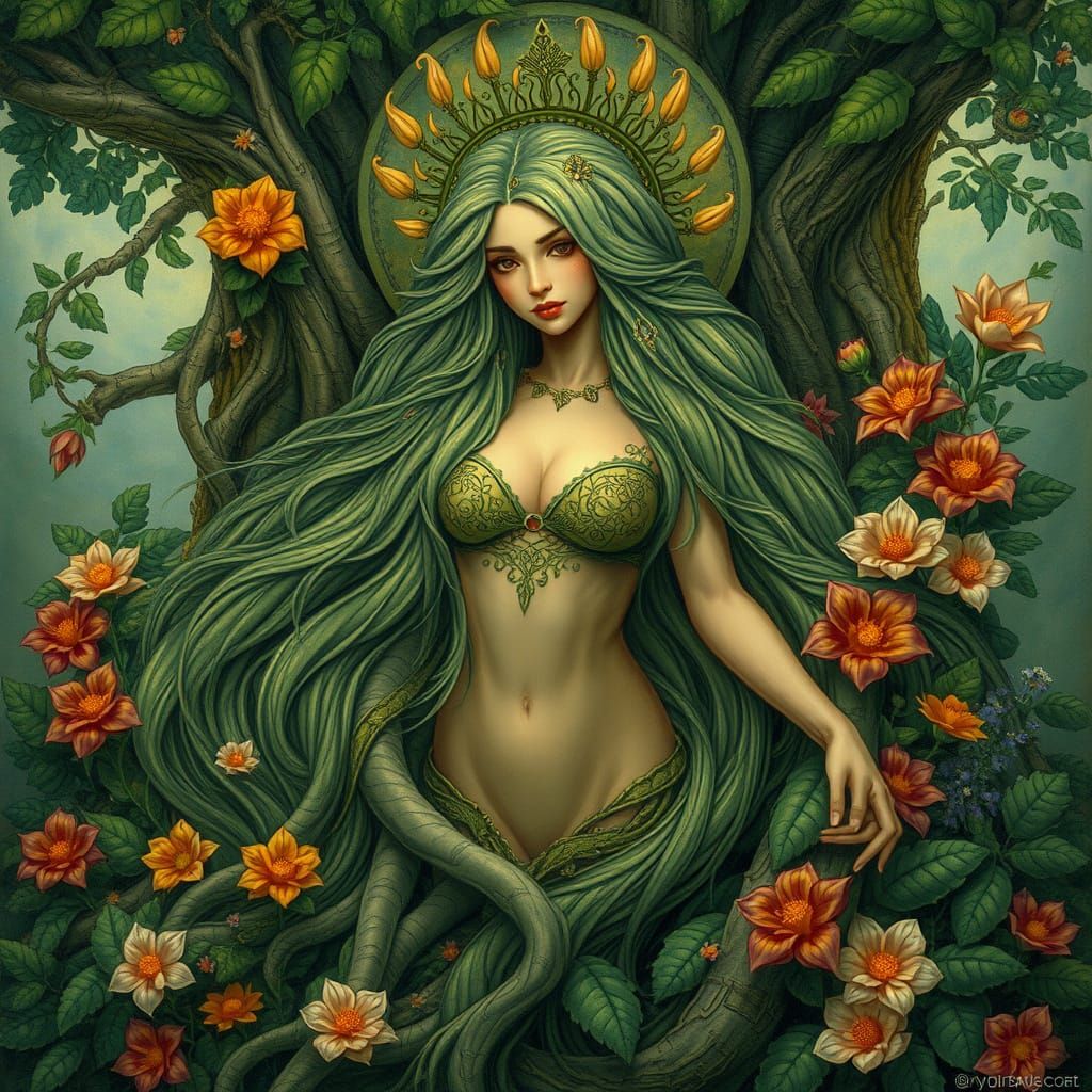 Majestic Earth Goddess in Whimsical Fantasy Style