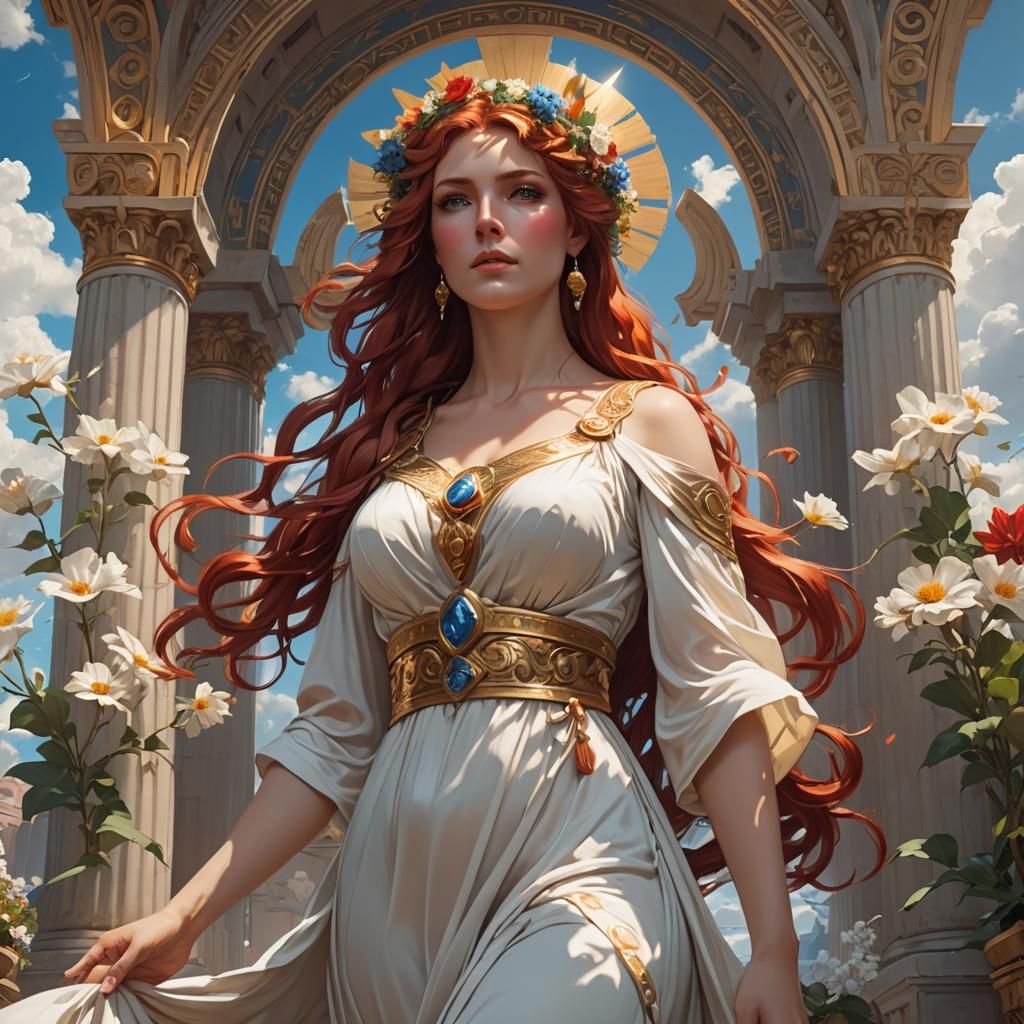 Greek Goddess Portrait with Flowers in Art Nouveau Style