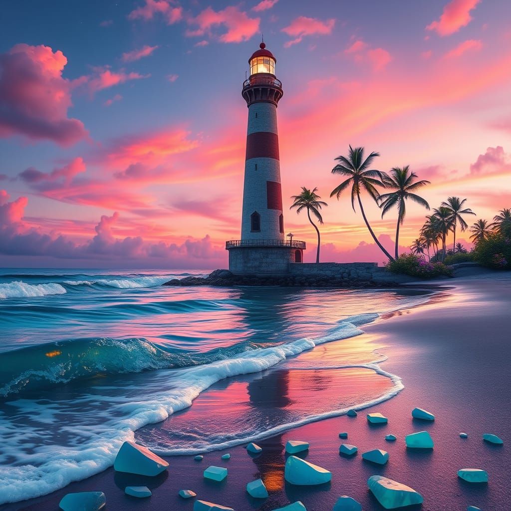 Majestic Lighthouse Reflection at Sunset, Hyperrealistic