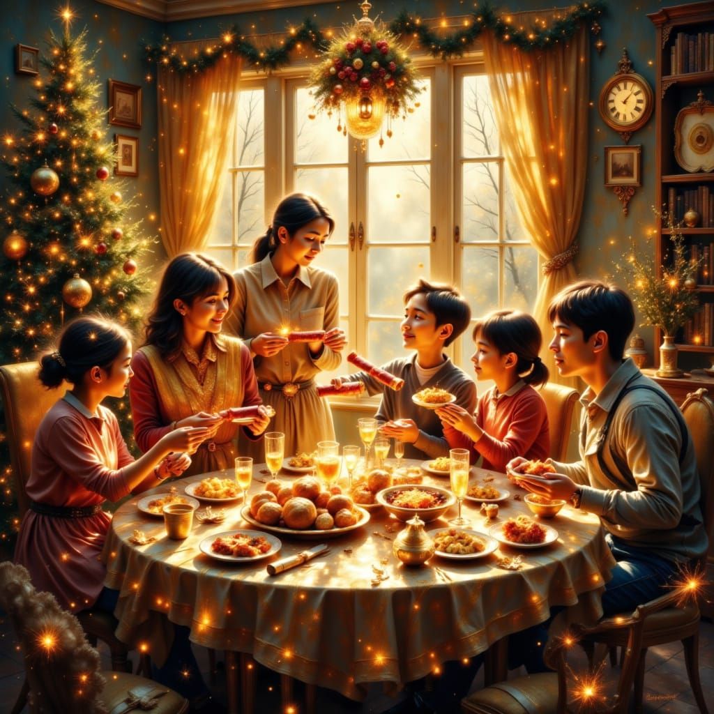 Diverse Family Celebrates Christmas Dinner Pulling Crackers