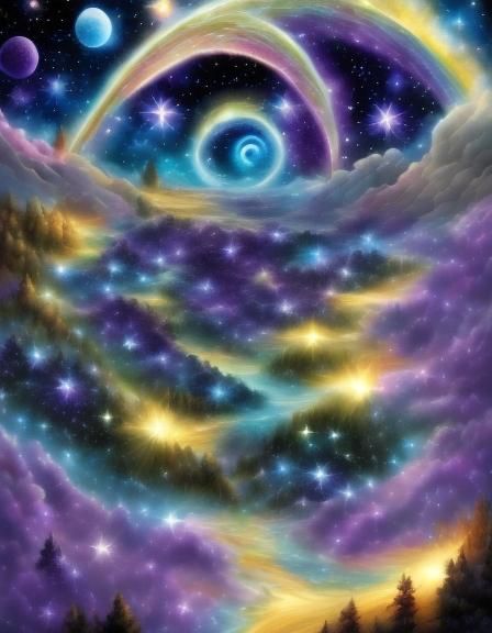 Rainbow Flowers in Cosmic Galaxy, Van Gogh Style