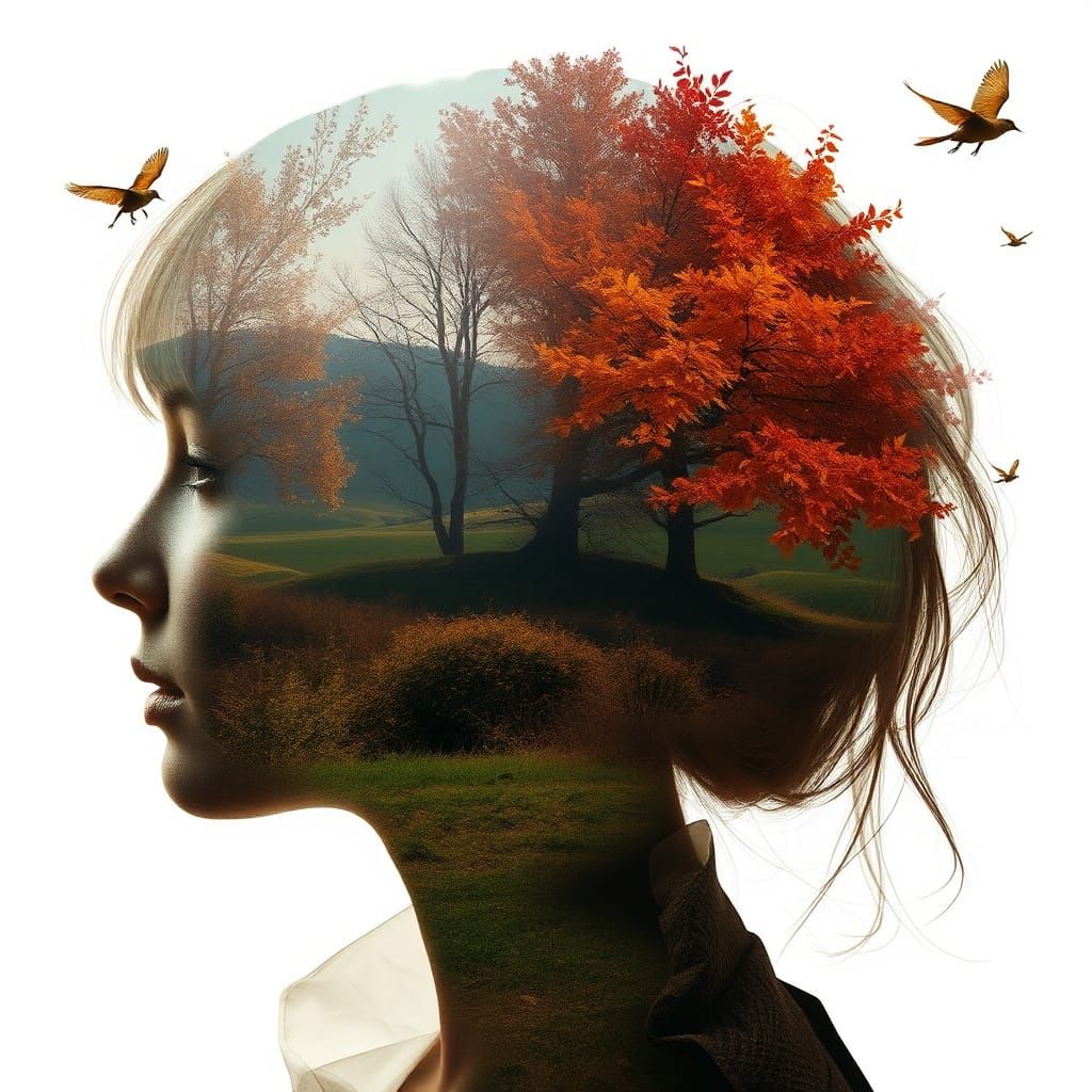 Surreal Double Exposure: Autumn Landscape Inside Woman's Hea...