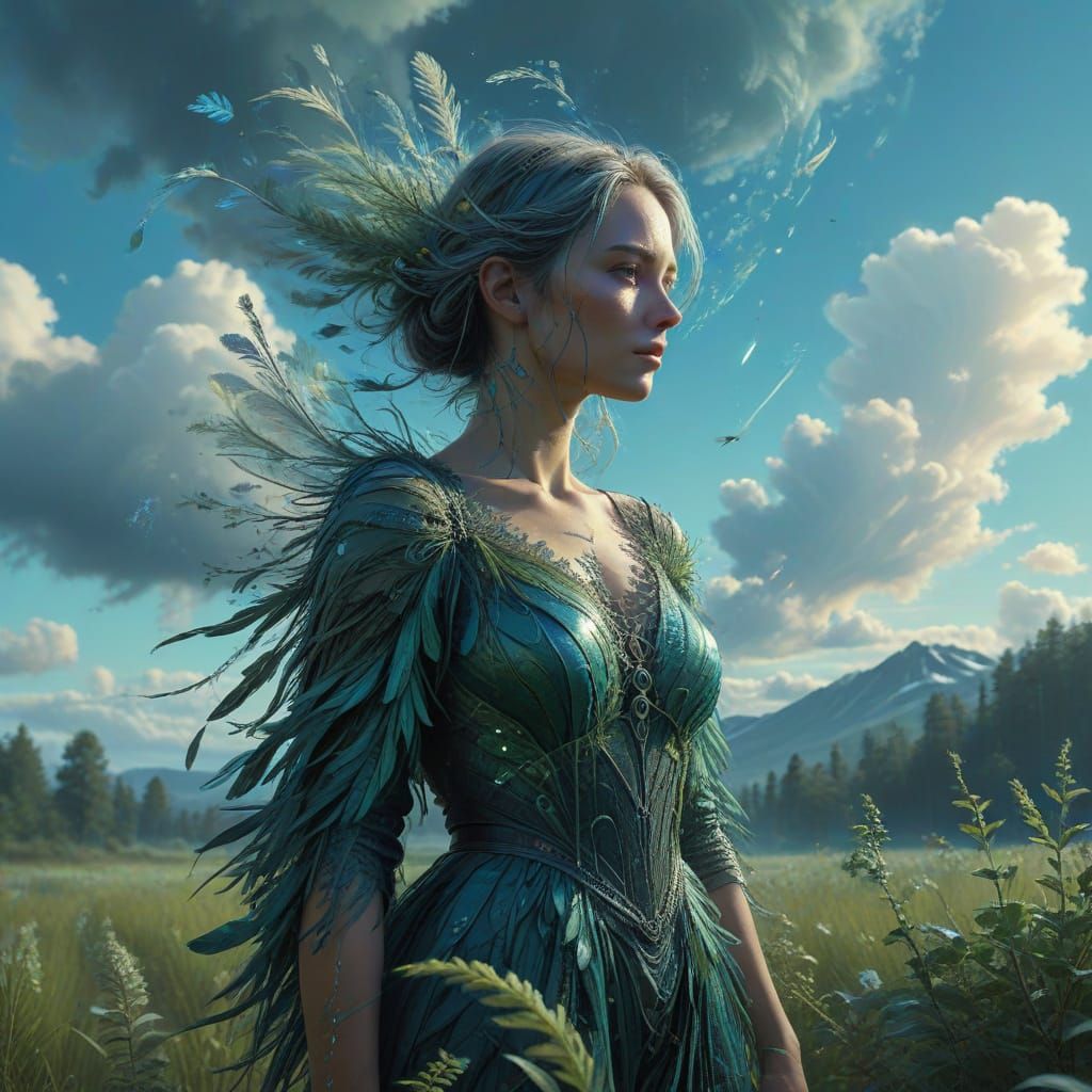 Iridescent Woman in Ethereal Landscape, Digital Art