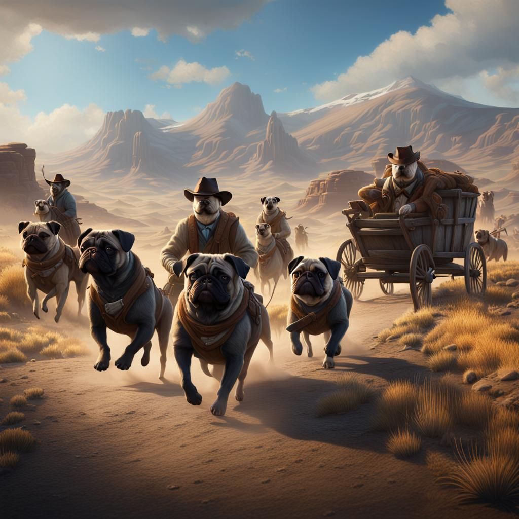 Cowboy Pugs on the Oregon Trail in Detailed Matte Painting