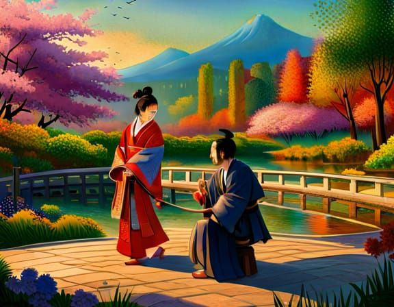 Samurai Seducing Woman in Edo Garden: Hyperrealistic Art