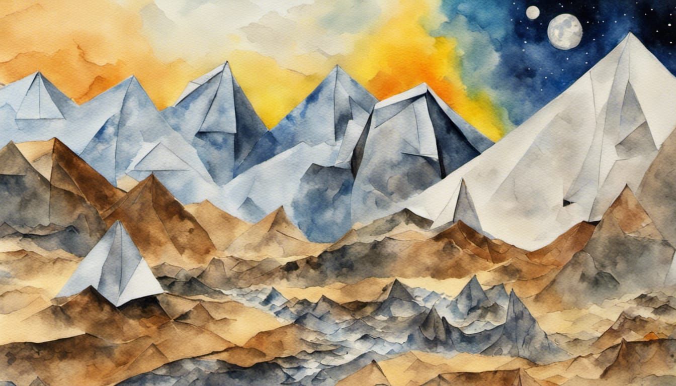 Lunar Base Camp on Mountain in Van Gogh Watercolor