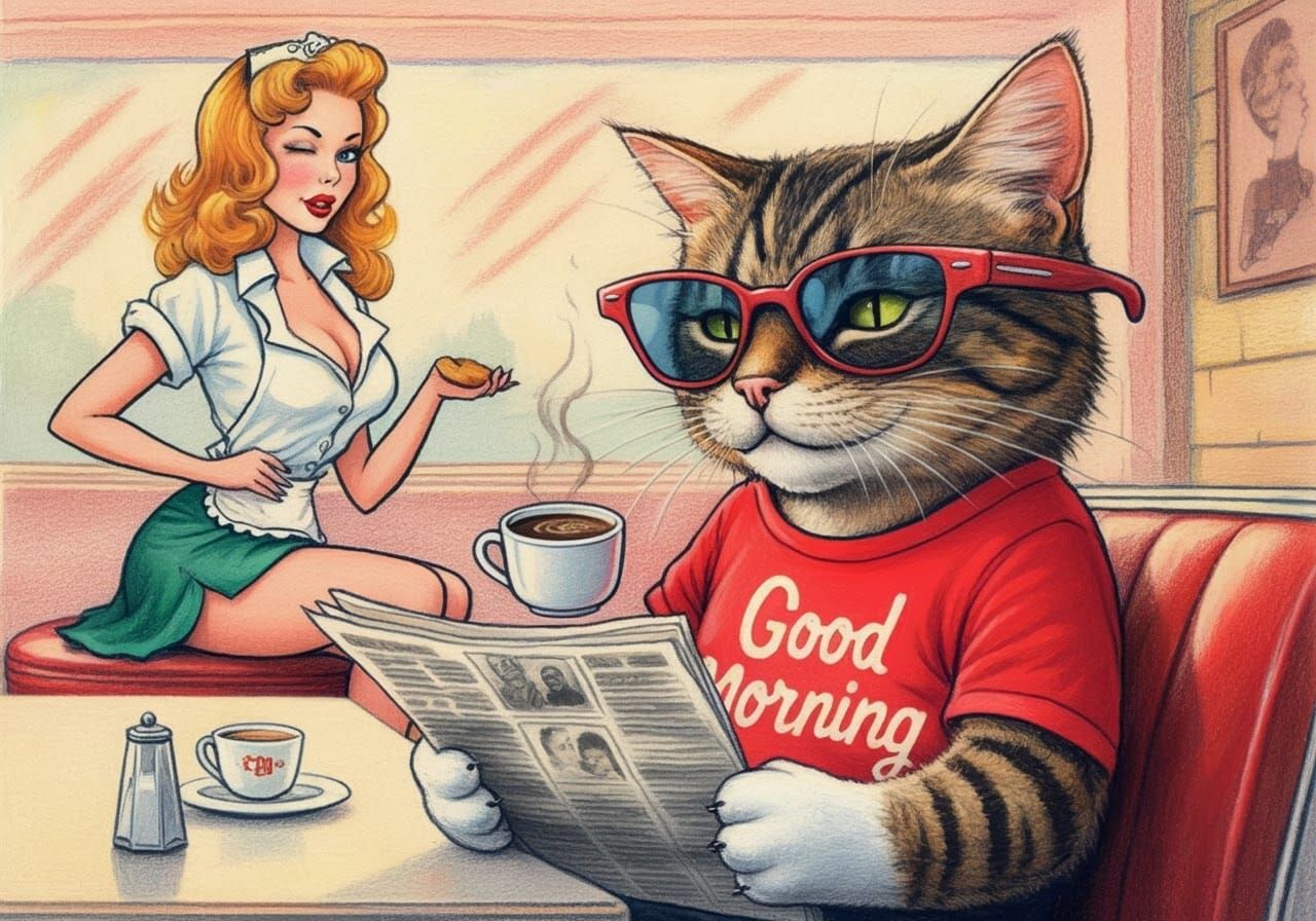 Cartoon Cat in Diner, Crayon-Style Illustration