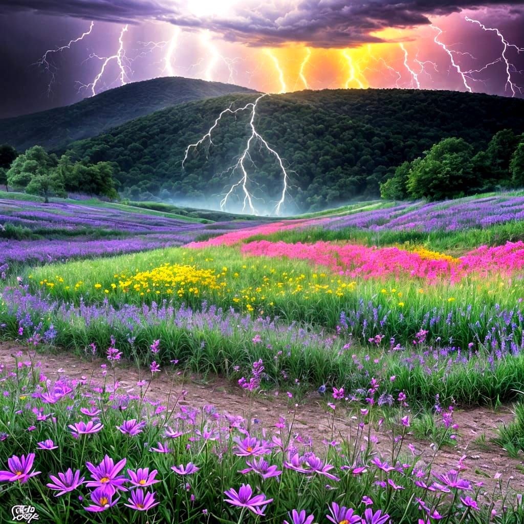 Lisa Frank Graffiti Art with Lightning and Flowers
