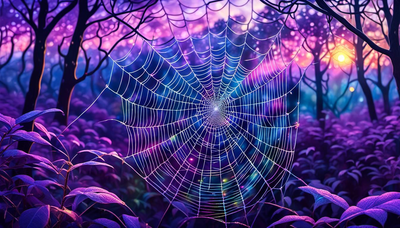 Iridescent Spiderweb in Dewy Forest at Lilac Sunrise