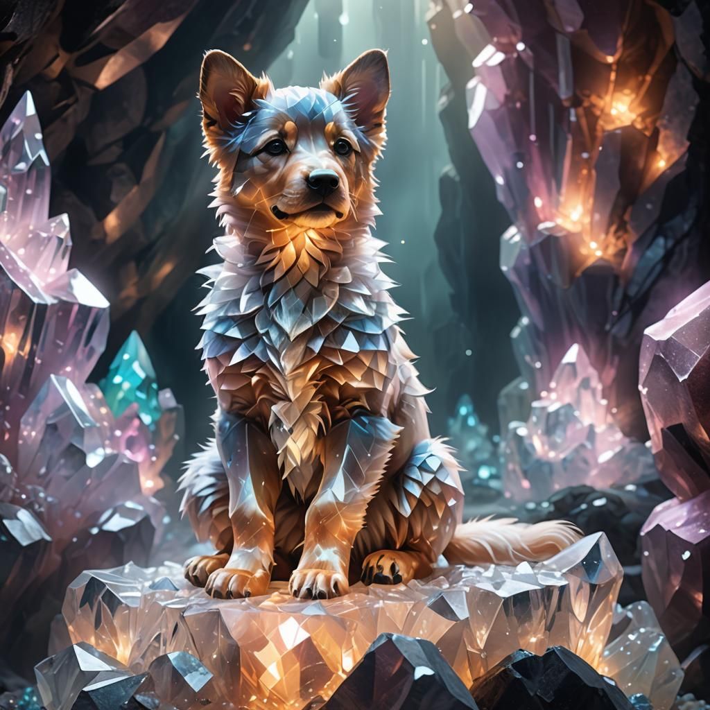 Crystal Puppy in Misty Cave: Vibrant Digital Art