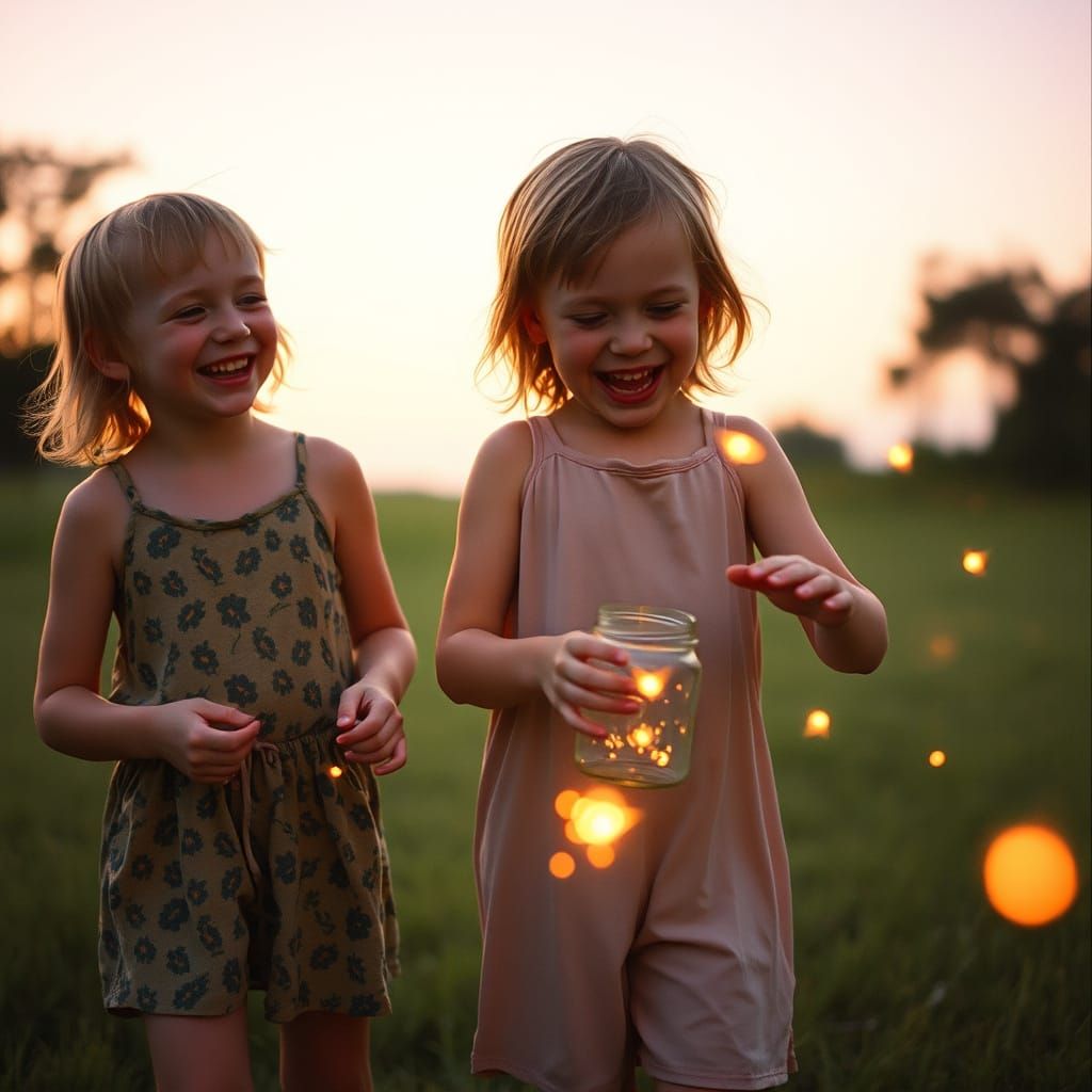 Kids Catching Fireflies at Dusk: 1970s Style Photograph