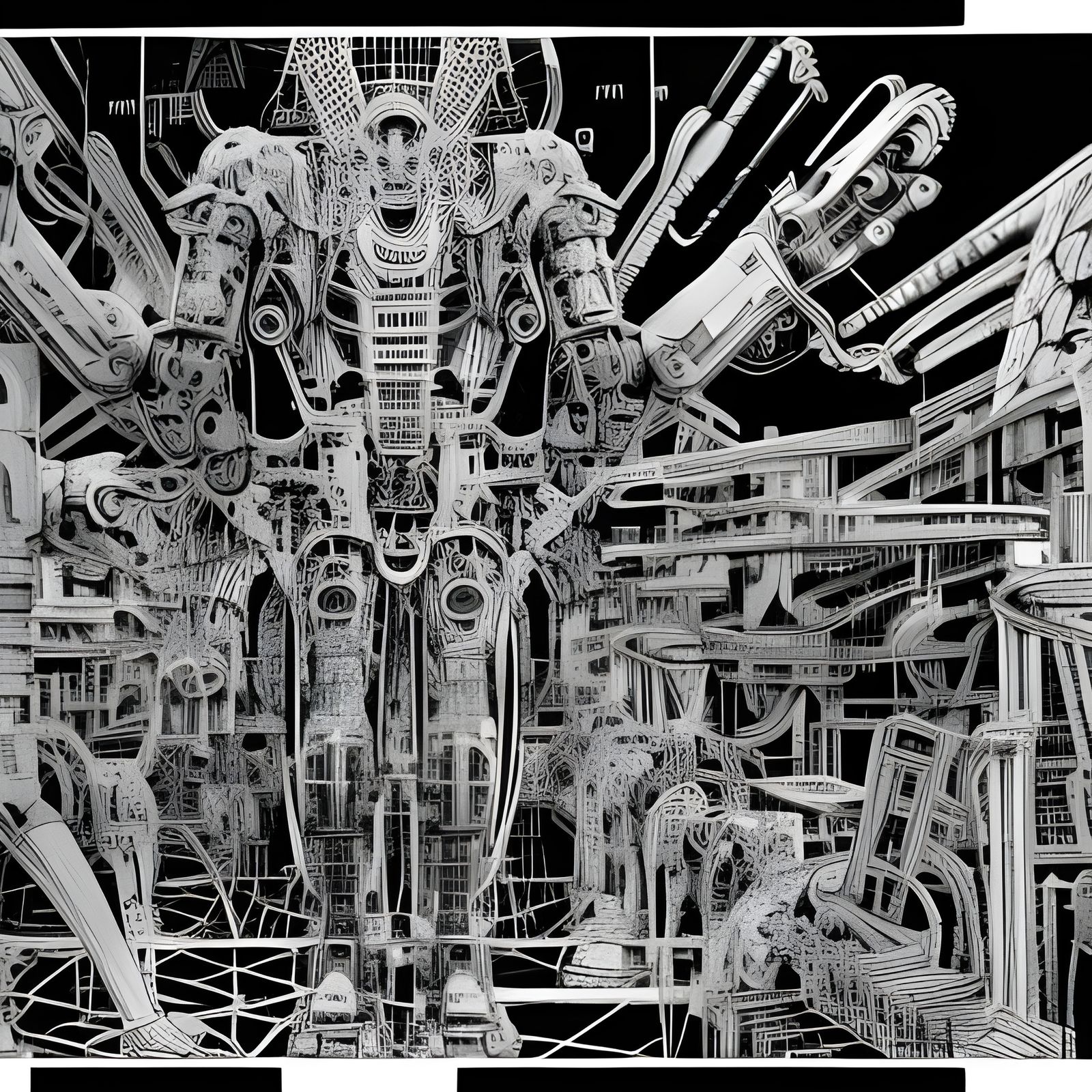 Dieselpunk Factory Mural in Black and White