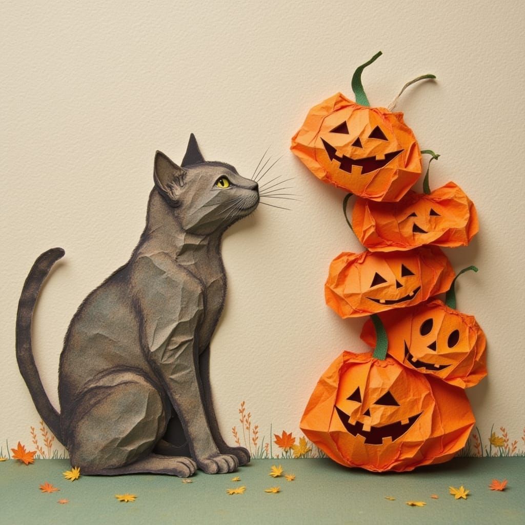 Papercraft Cat Mischievously Eyes Jack-o'-Lanterns