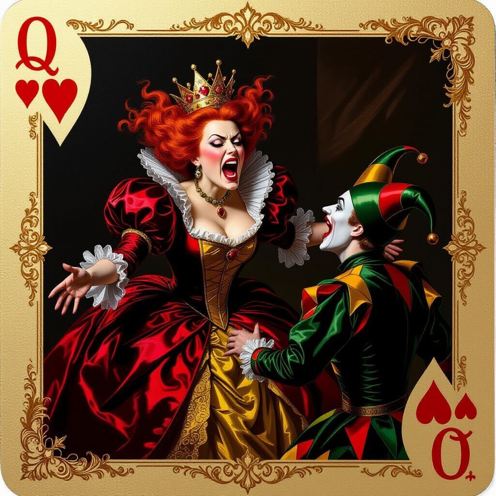 Evil Queen of Hearts Screaming at Jester in Baroque Style