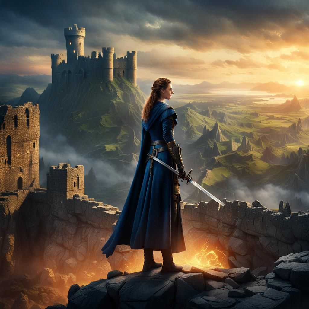 Female Hero on Ruined Castle in Cinematic Style