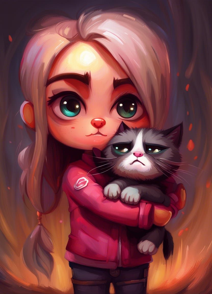 Chibi Girl Hugging Grumpy Cat as Impasto Oil Painting