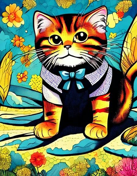 Classic Cartoon Cat Illustration in Black and White Line Art