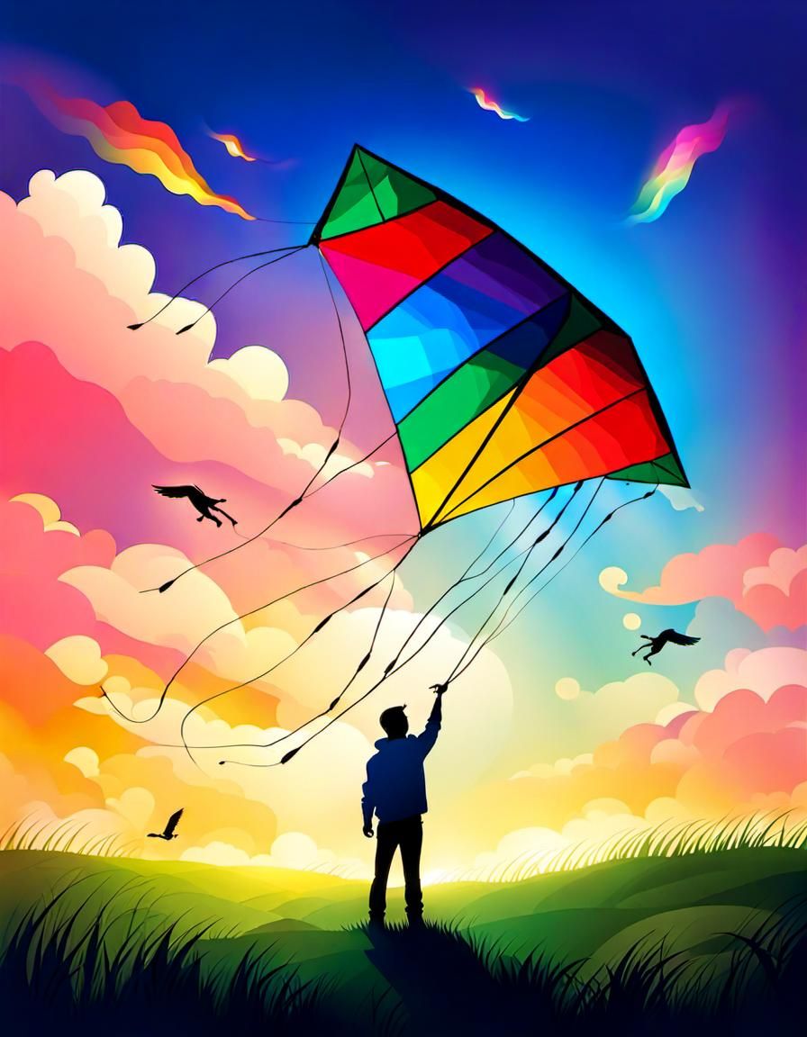 Person Flying Vibrant Kite in Grassy Field