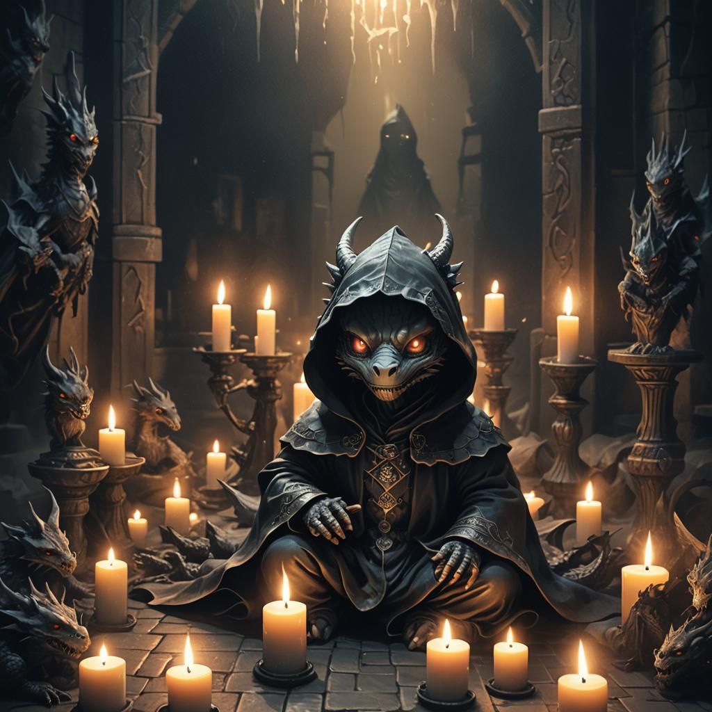 Chibi Dragon Ghost in Ominous Candlelit Room