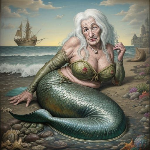 Ugly Mermaid Woman in Surrealist Oil Painting