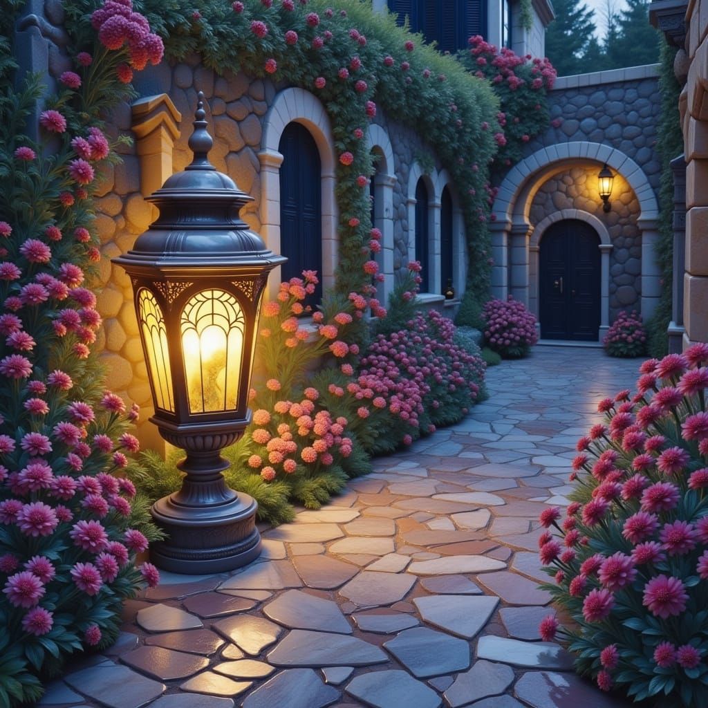 Ornate Marble Lantern Glows on Wildflower Path