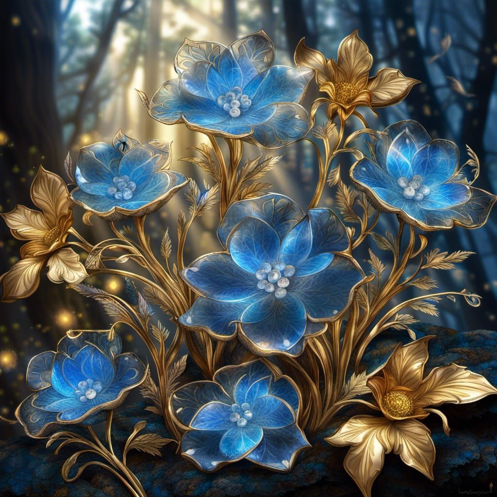 Gold and Blue Crystal Flowers