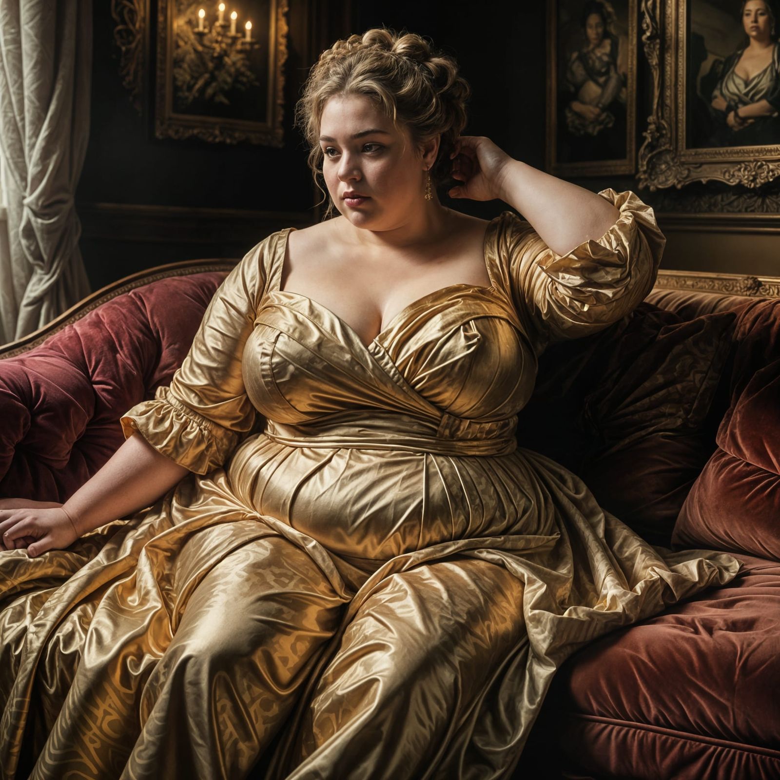 Full Figure Woman in Elegant Gold Attire