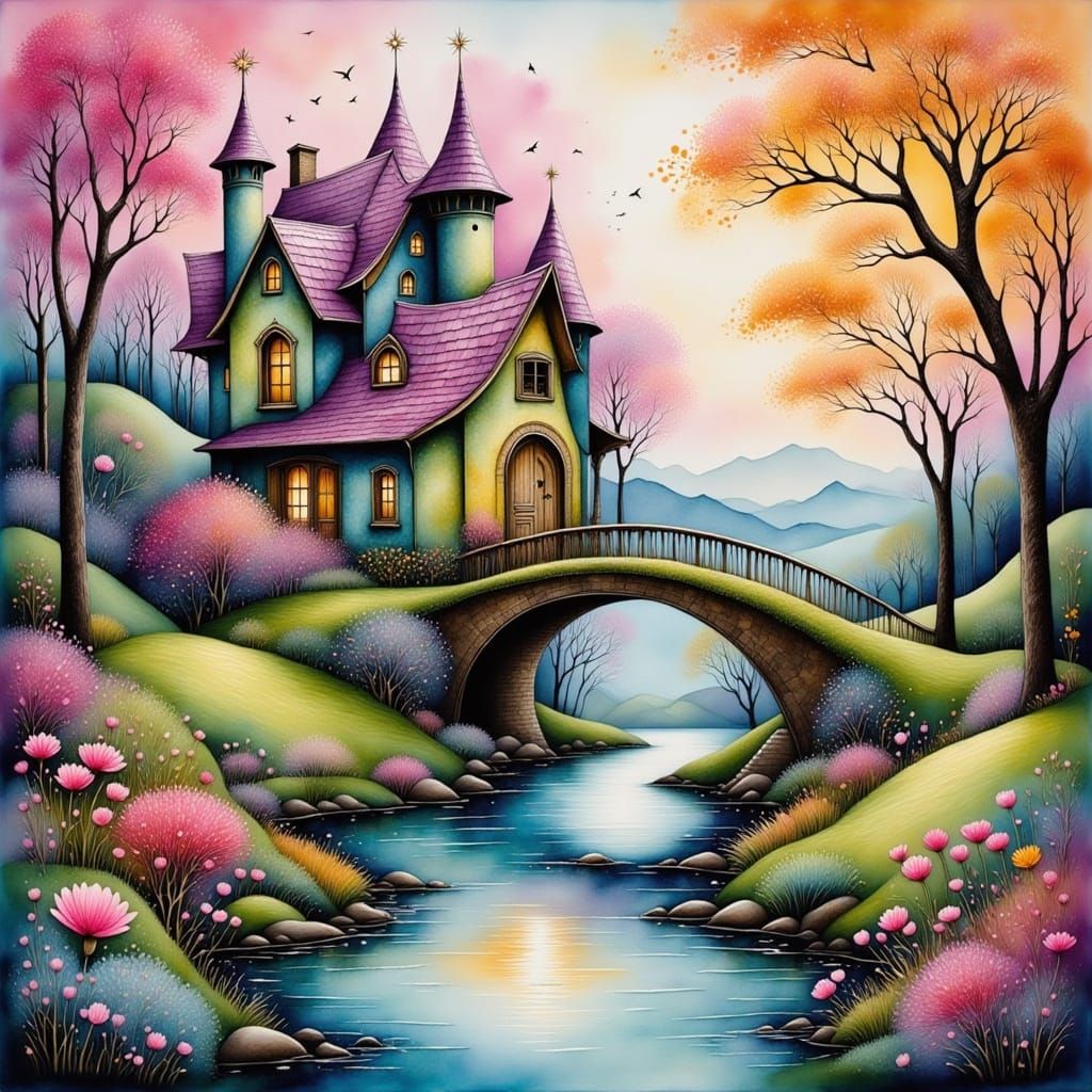 Mystical Fantasy House in Dreamy Acrylic Style