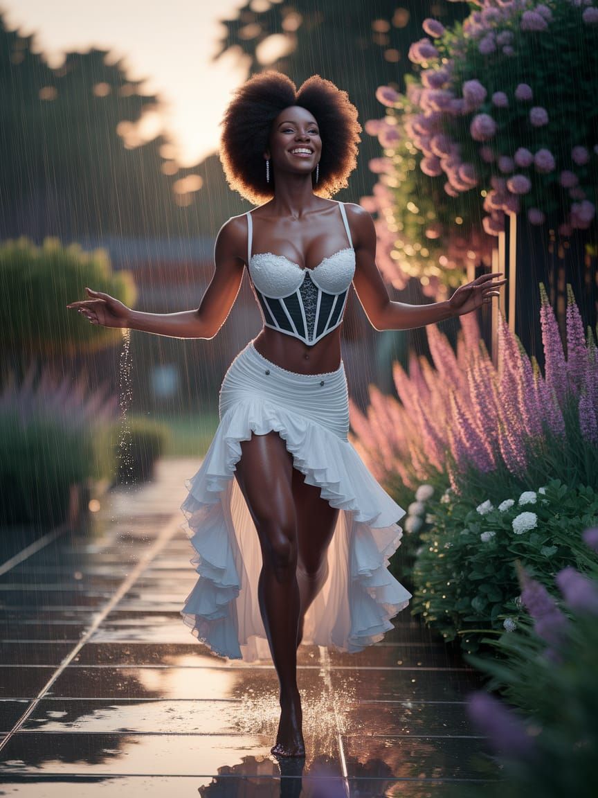 Ebony Woman Dancing in Summer Rain
