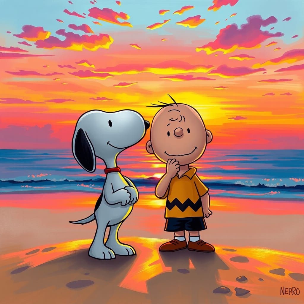 Snoopy and Charlie Brown Watch Sunset on Beach