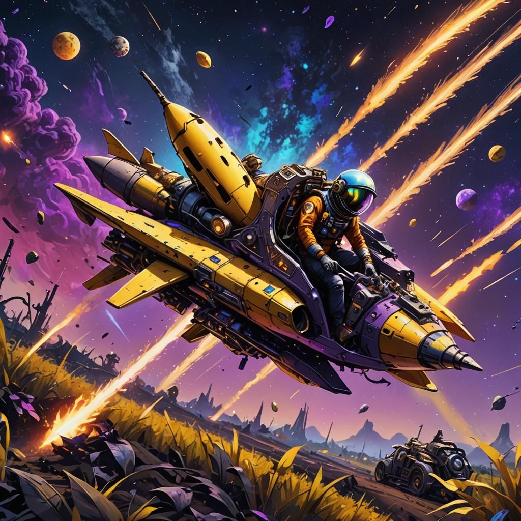 Space Junky Rides Banana Rocket in Sci-Fi Art