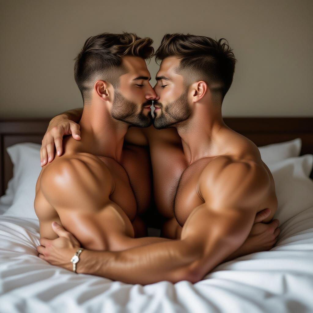 Intimate Embrace: Two Men in Dramatic Lighting