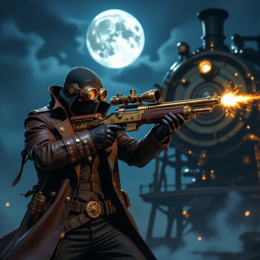 Steampunk Rogue Firing Brass Rifle at Night