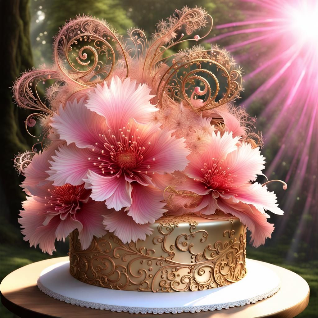 Fractal Floral Cake in Sunlit Forest