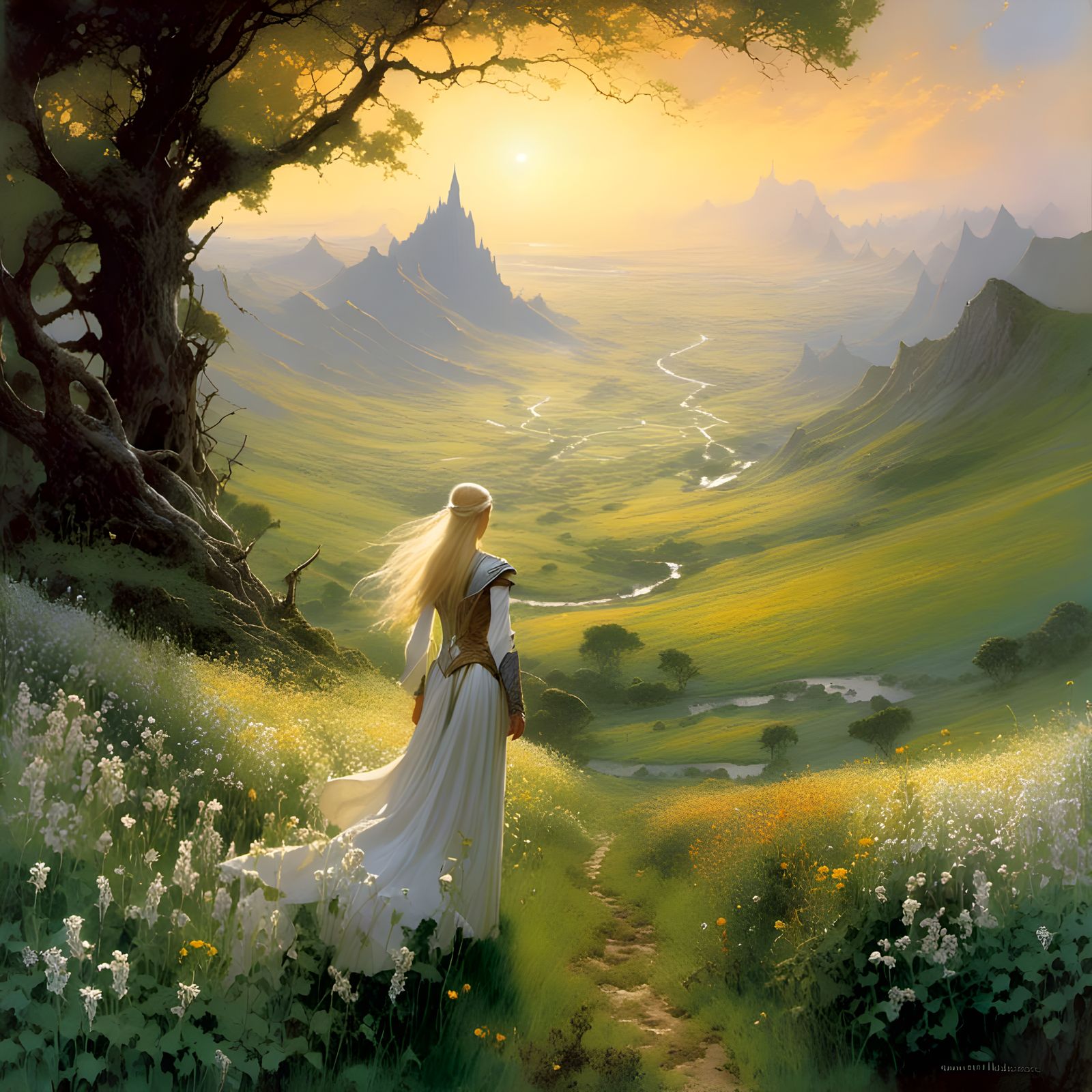 Elven Maiden in Hidden Valley at Sunrise