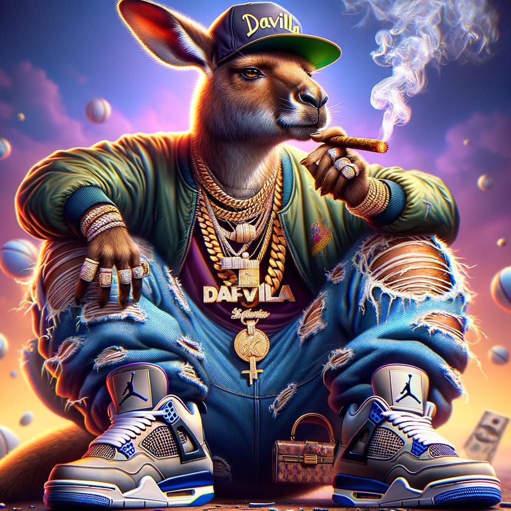 Hyperrealistic Kangaroo in Drip Culture Aesthetic, Holding C...