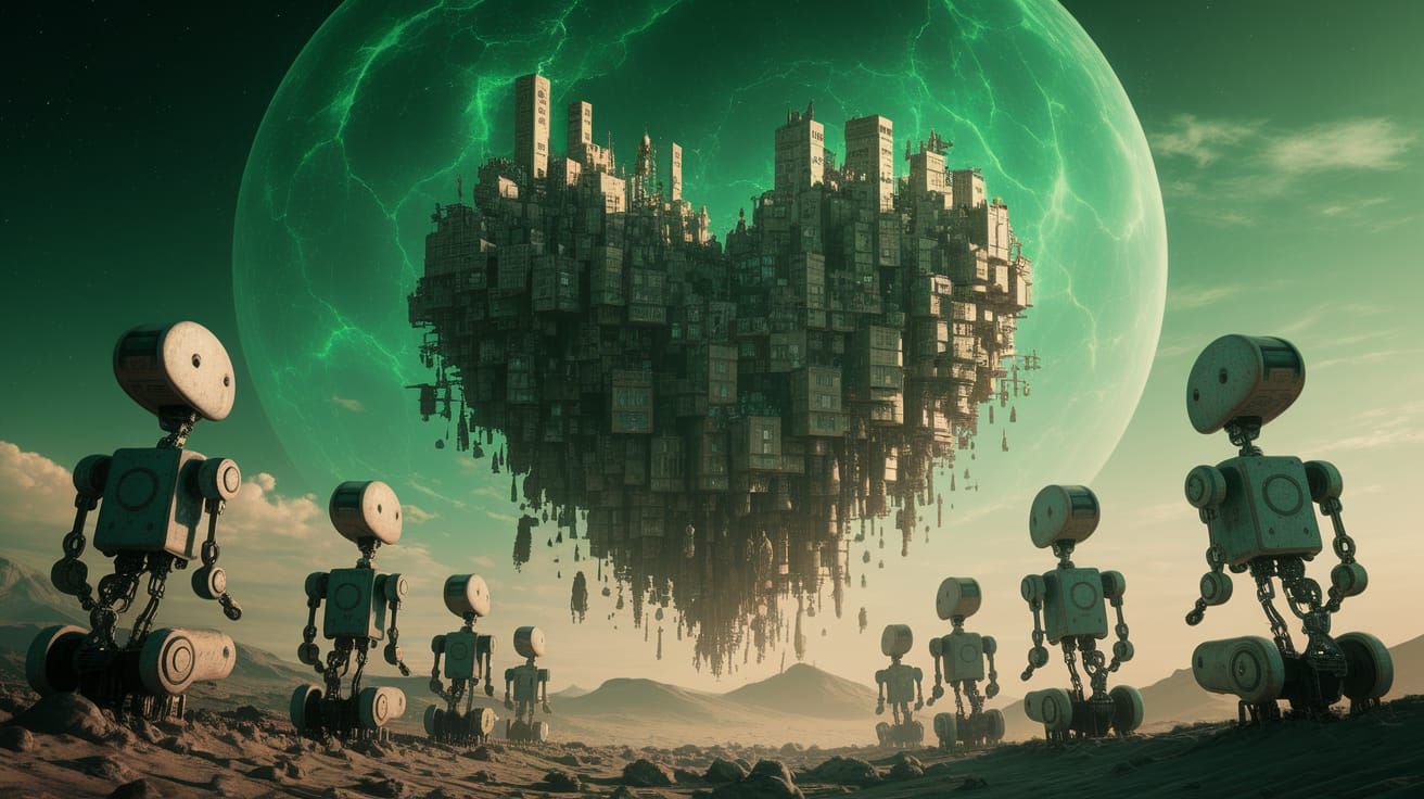 Cyberpunk Floating City in Toxic Green Sky