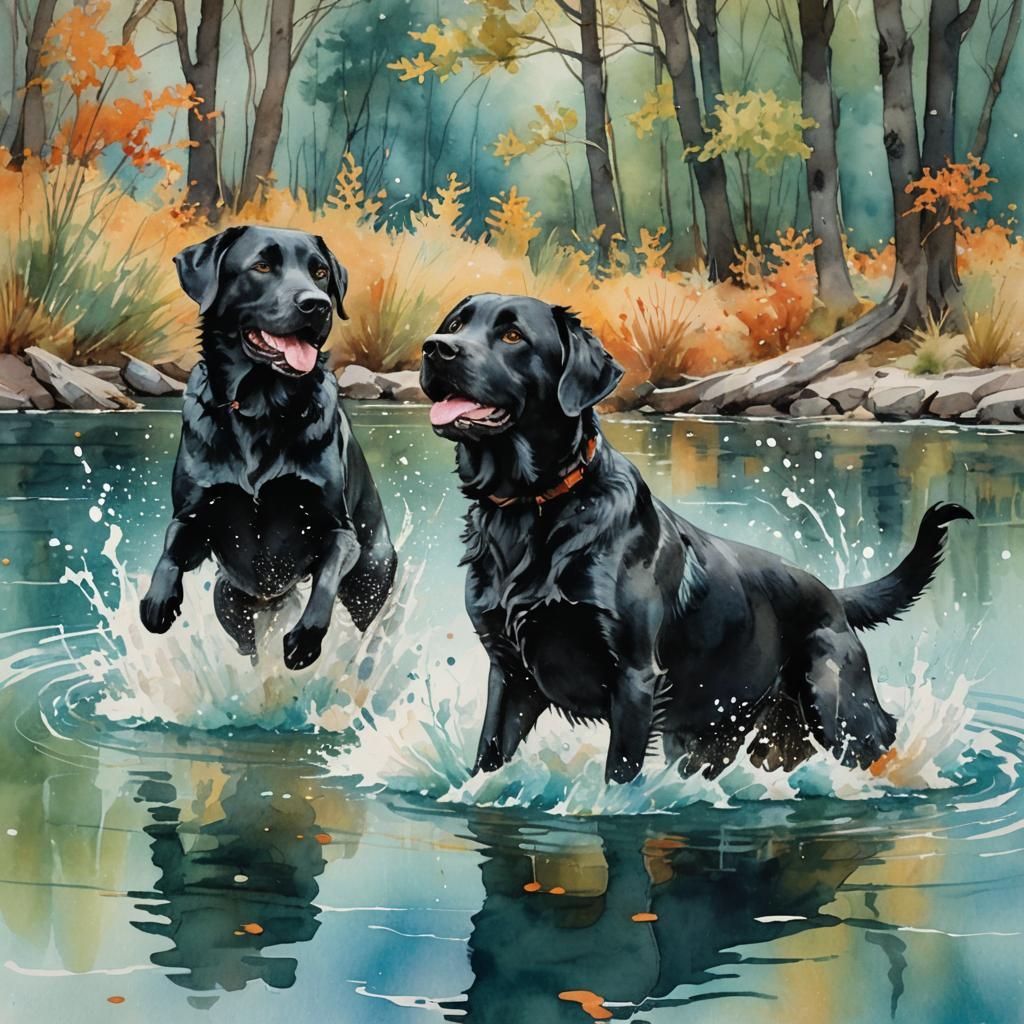 Black Labs Playing in Lake, Watercolor Style