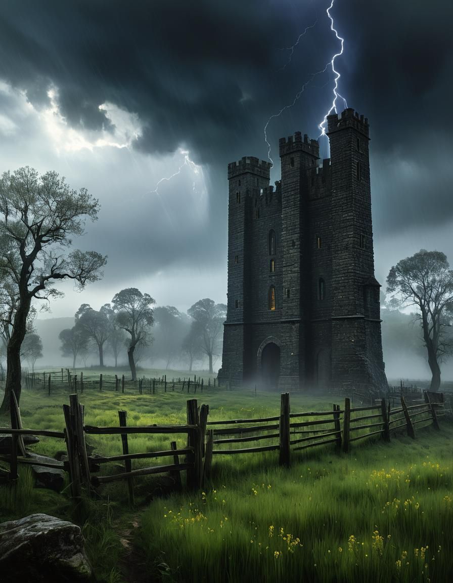Ethereal Towers Rising in a Chiaroscuro Oil Painting