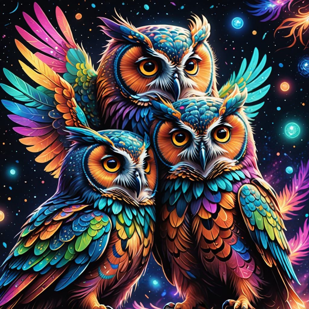 Rainbow Owls Flying in Space: Astral Illustration