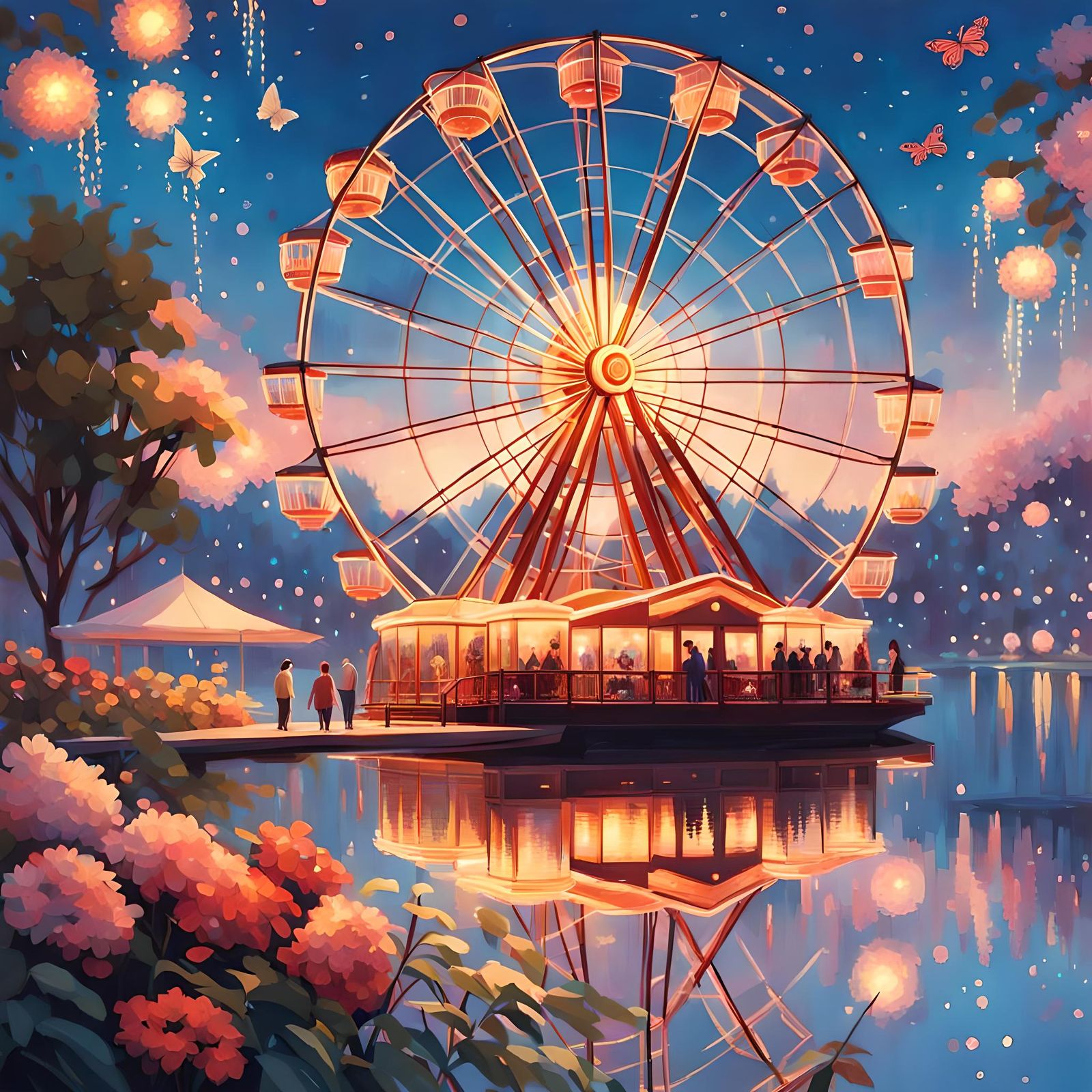 Luminous Ferris Wheel Over Lake, Digital Art