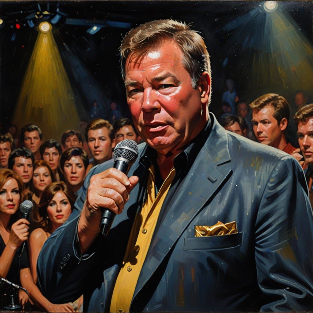 William Shatner's Intense Stage Performance in a Dark Club
