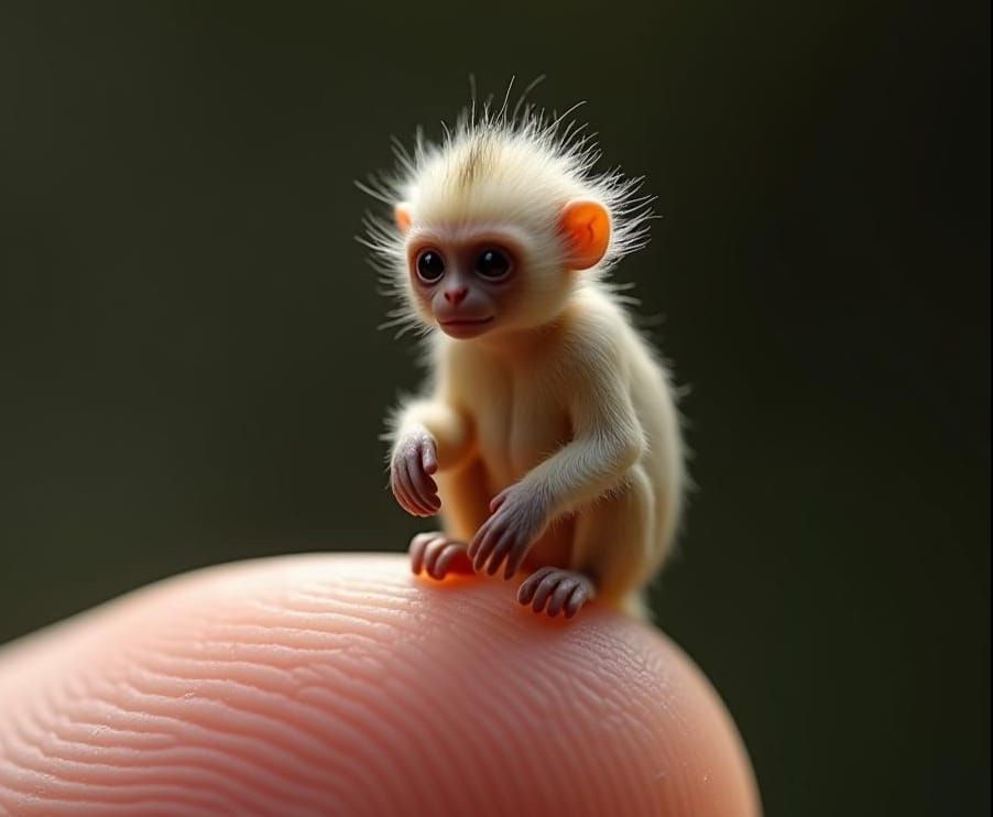 Hyperrealistic Tiny Monkey on Human Finger