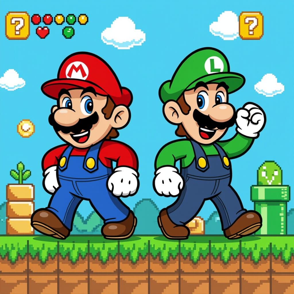 Mario Brothers Characters in Vibrant Digital Art