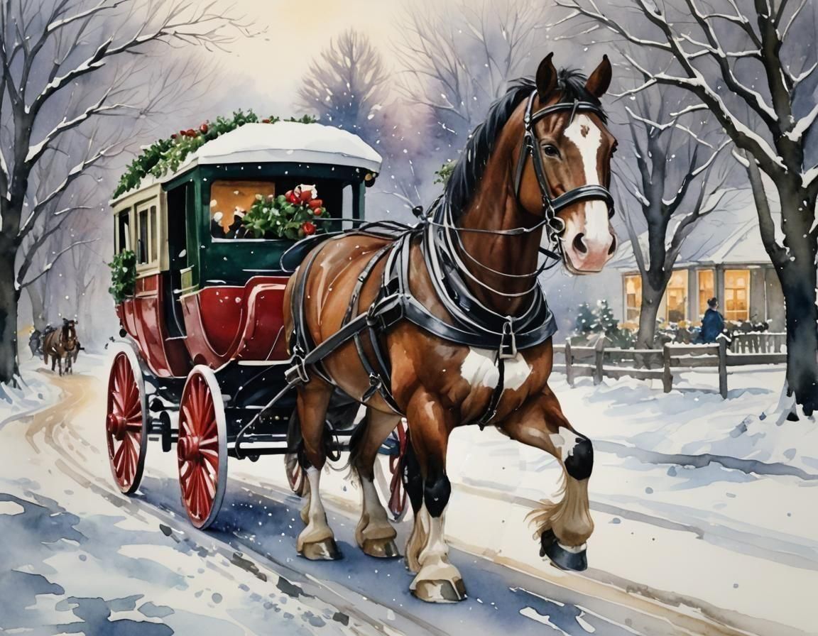 Clydesdale and Carriage in Watercolor Christmas Scene