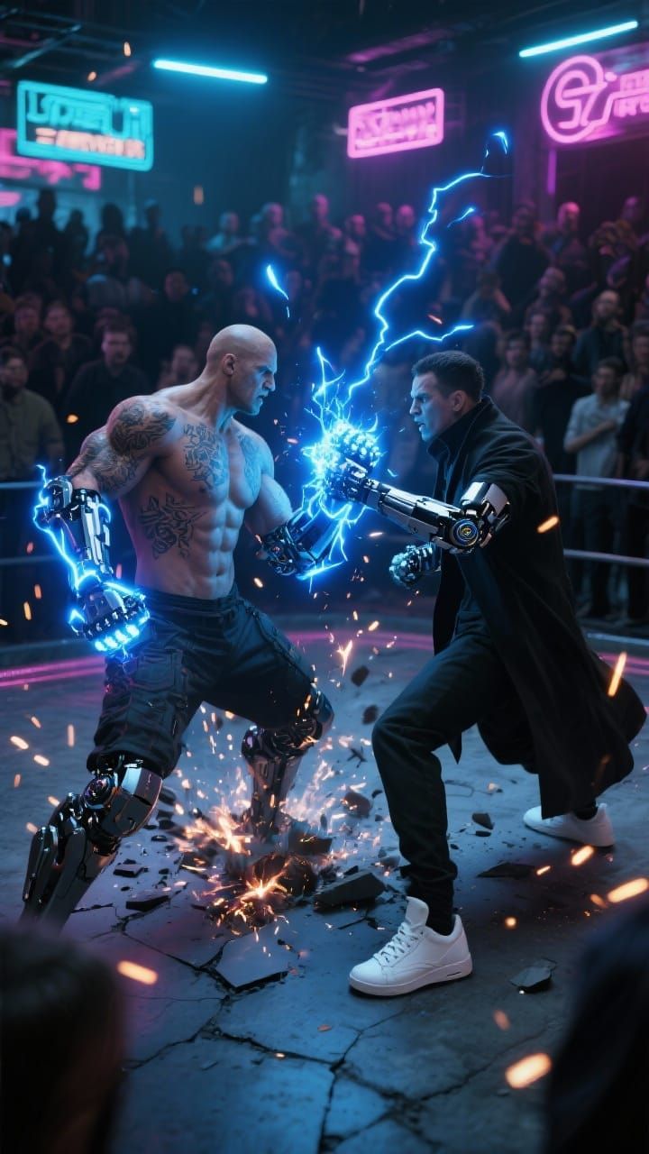 Cybernetic Warriors Clash in Neon Arena